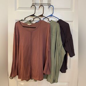 Easel - Women’s Tops - Apricot/Blush (M), Green (M), & Dark Gray (L).